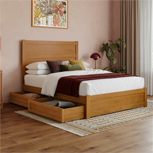 Pemberly Row Full Platform Bed with Footboard and Drawers in Light Toffee