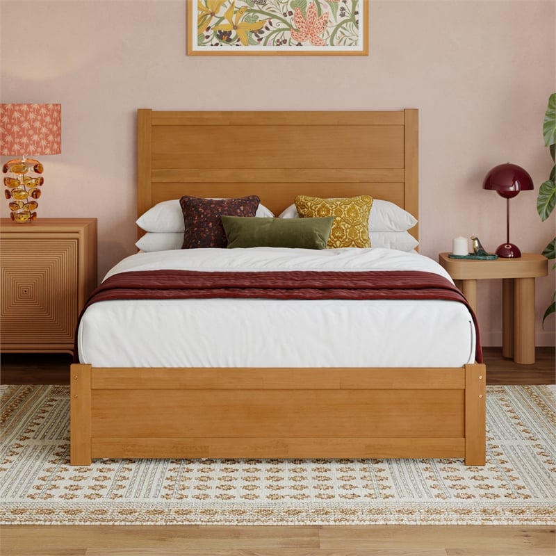 Pemberly Row Full Platform Bed with Footboard and Drawers in Light Toffee