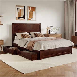 Pemberly Row Queen Platform Bed with Footboard and Drawers in Walnut