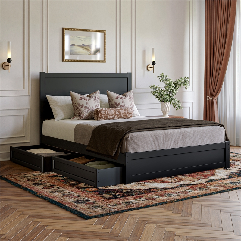 Pemberly Row Queen Platform Bed with Footboard and Drawers in Black