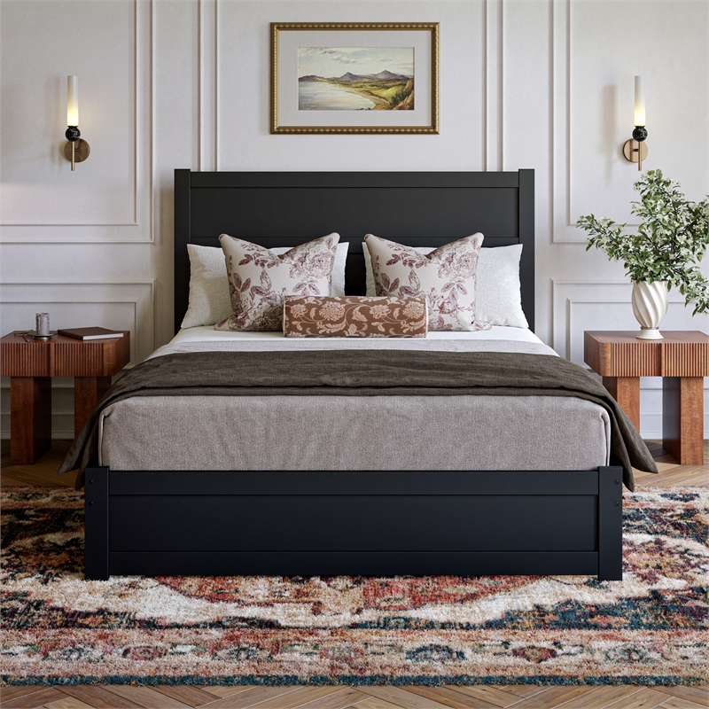 Pemberly Row Queen Platform Bed with Footboard and Drawers in Black