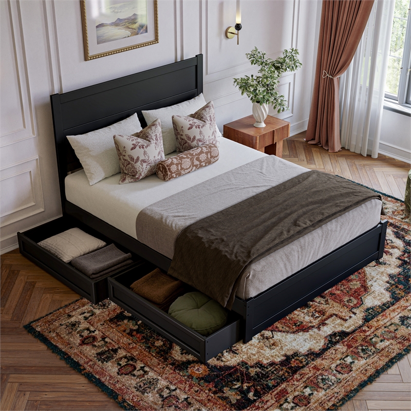 Pemberly Row Queen Platform Bed with Footboard and Drawers in Black