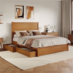 Pemberly Row Queen Platform Bed with Footboard and Drawers in Light Toffee