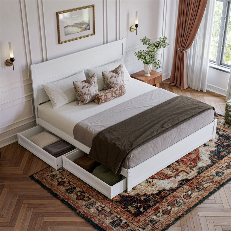 Pemberly Row King Platform Bed with Footboard and Drawers in White
