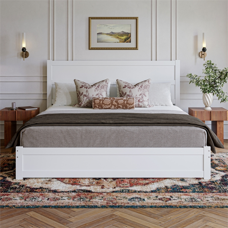 Pemberly Row King Platform Bed with Footboard and Drawers in White