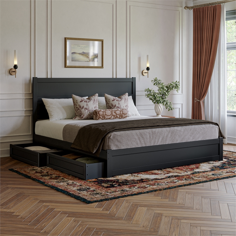 Pemberly Row King Platform Bed with Footboard and Drawers in Black