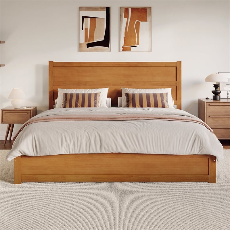 Pemberly Row King Platform Bed with Footboard and Drawers in Light Toffee