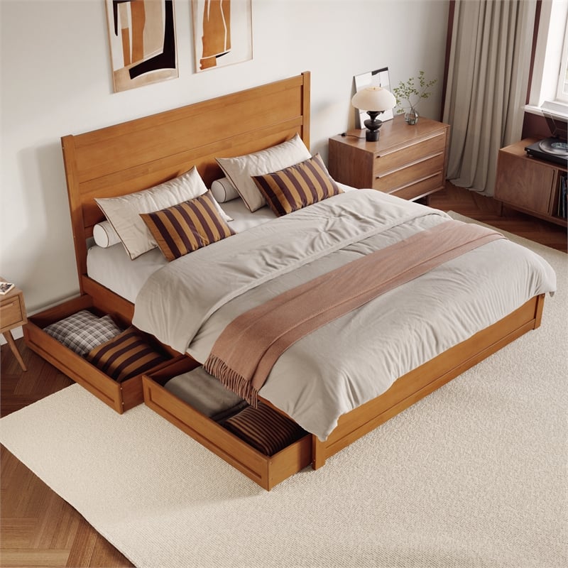 Pemberly Row King Platform Bed with Footboard and Drawers in Light Toffee
