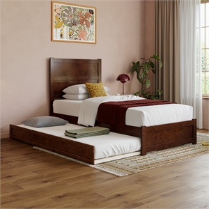 Pemberly Row Twin XL Platform Bed with Footboard and Twin XL Trundle in Walnut