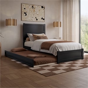 Pemberly Row Twin XL Platform Bed with Footboard and Twin XL Trundle in Black