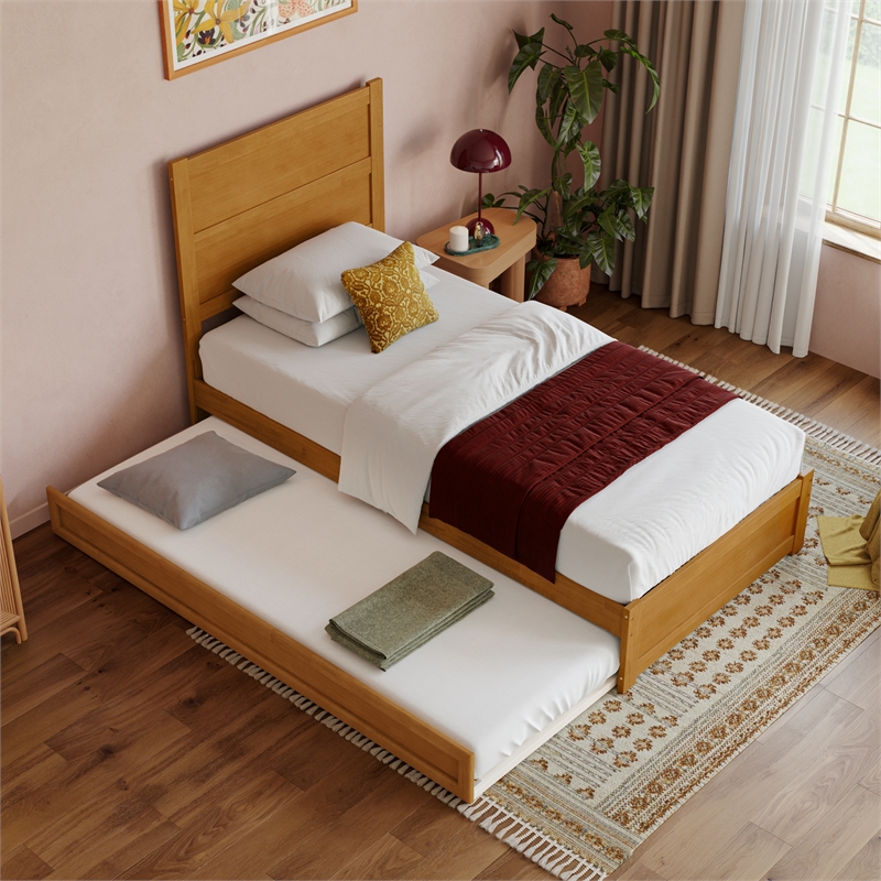 Pemberly Row Twin XL Platform Bed with Footboard and Trundle in Light Toffee