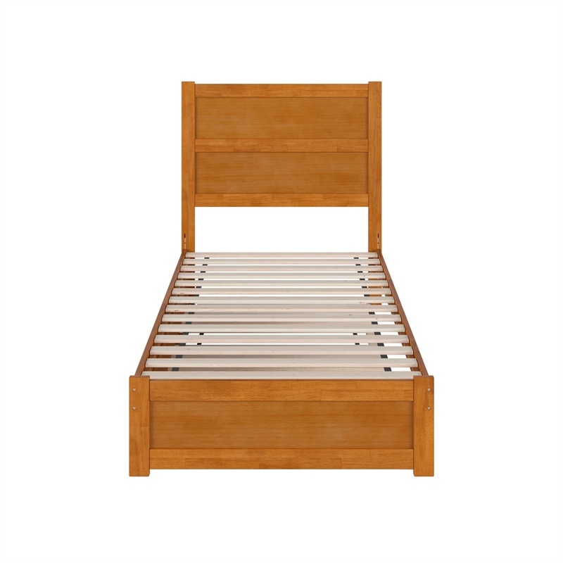 Pemberly Row Twin XL Platform Bed with Footboard and Trundle in Light Toffee