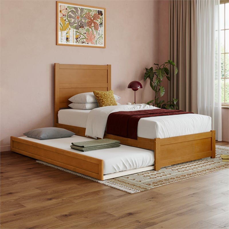 Pemberly Row Twin XL Platform Bed with Footboard and Trundle in Light Toffee