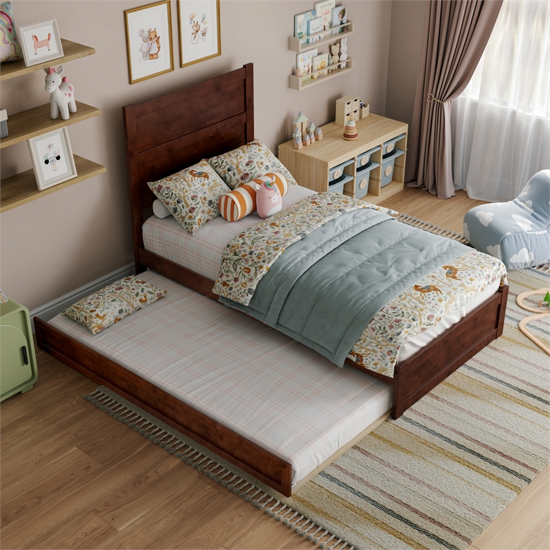 Pemberly Row Twin Platform Bed with Footboard and Twin Trundle in Walnut