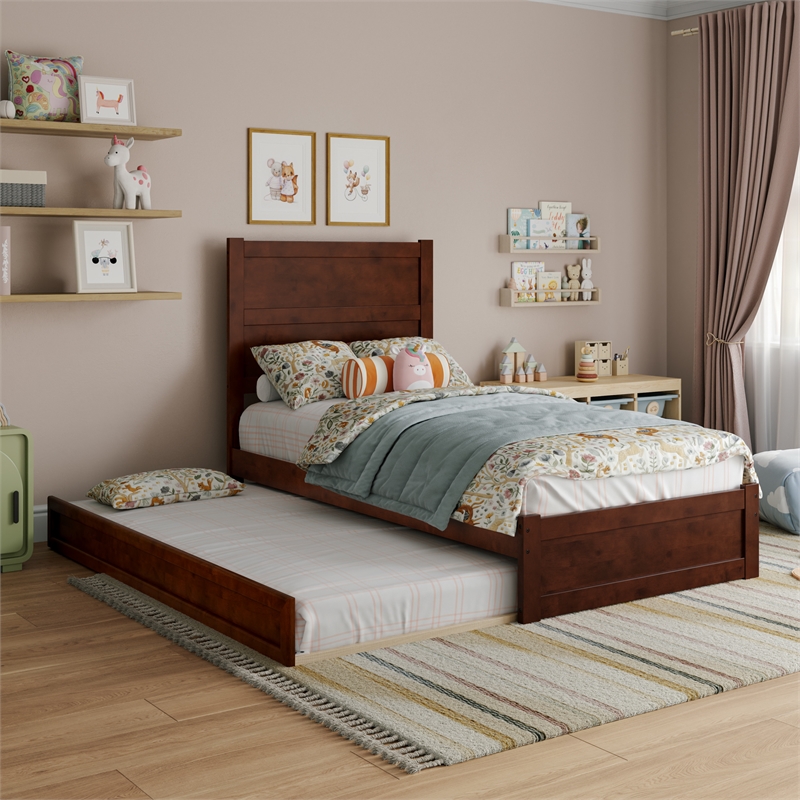 Pemberly Row Twin Platform Bed with Footboard and Twin Trundle in Walnut