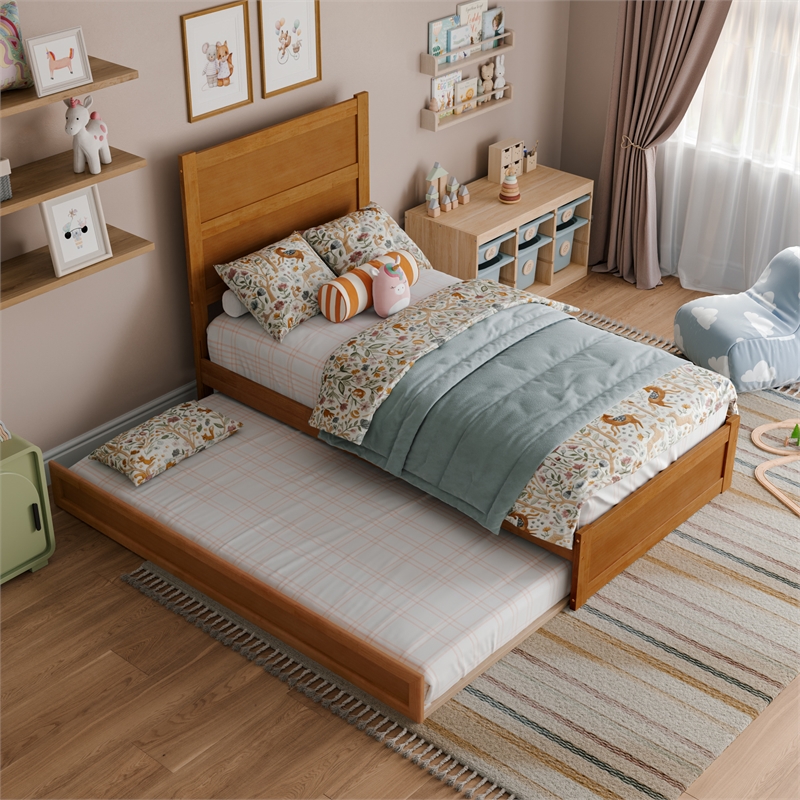 Pemberly Row Twin Platform Bed with Footboard and Twin Trundle in Light Toffee