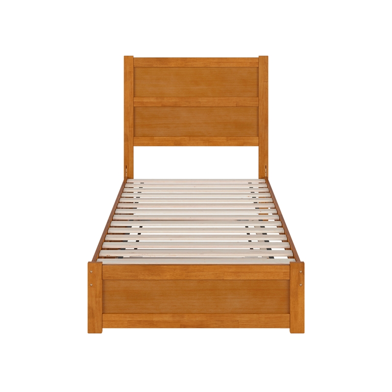 Pemberly Row Twin Platform Bed with Footboard and Twin Trundle in Light Toffee