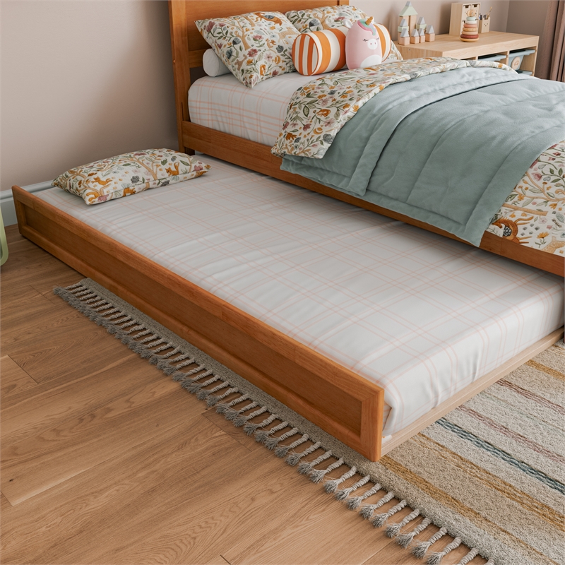 Pemberly Row Twin Platform Bed with Footboard and Twin Trundle in Light Toffee