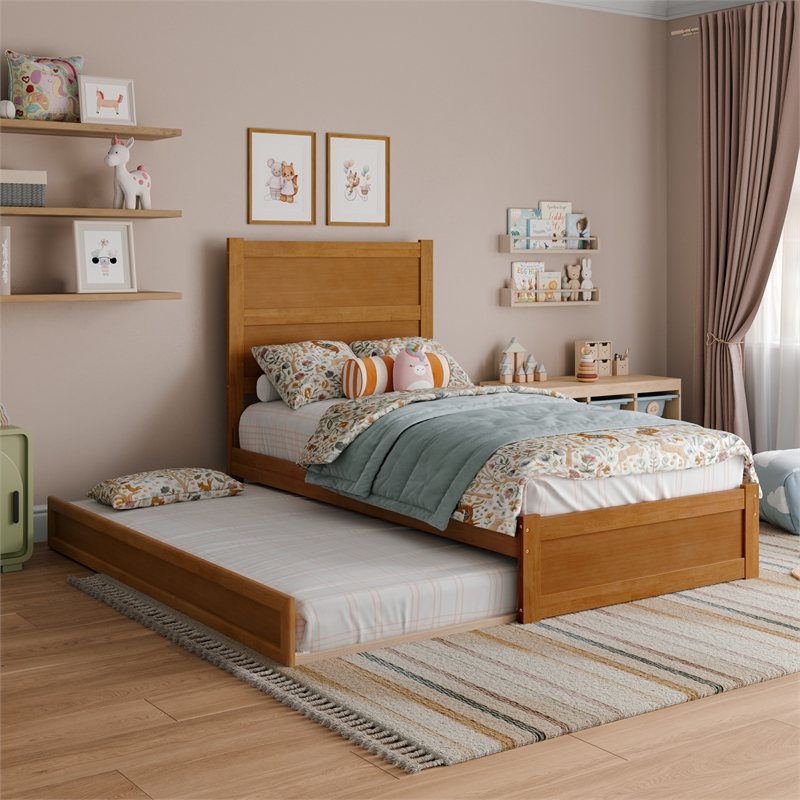 Pemberly Row Twin Platform Bed with Footboard and Twin Trundle in Light Toffee