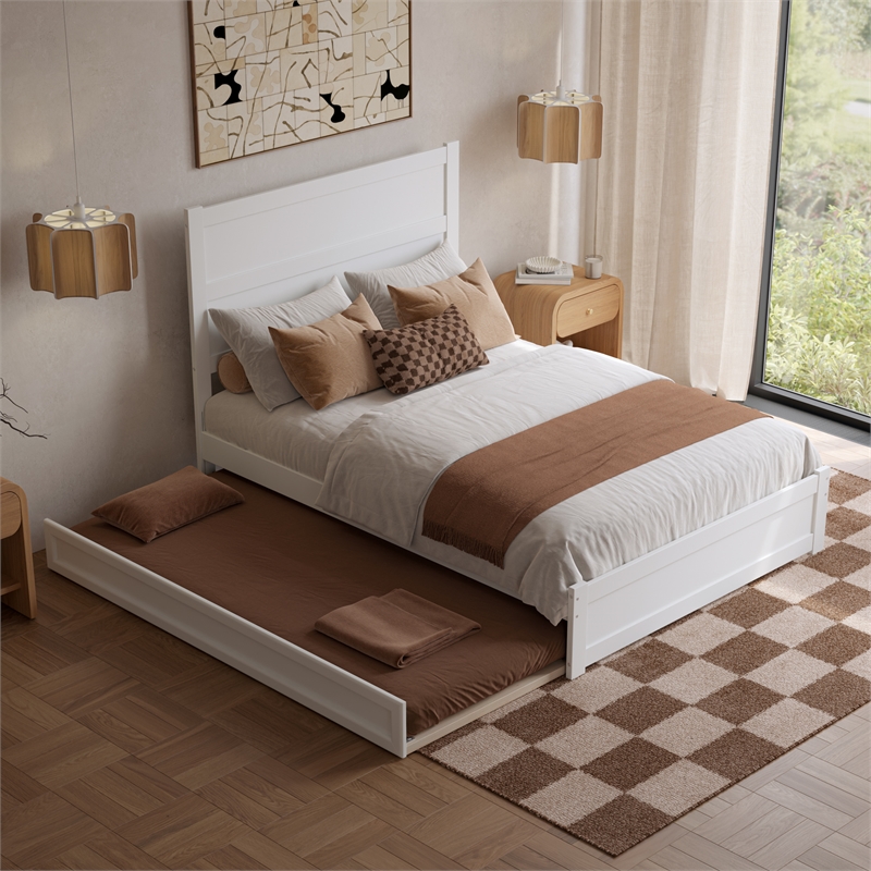 Pemberly Row Full Platform Bed with Footboard and Twin Trundle in White