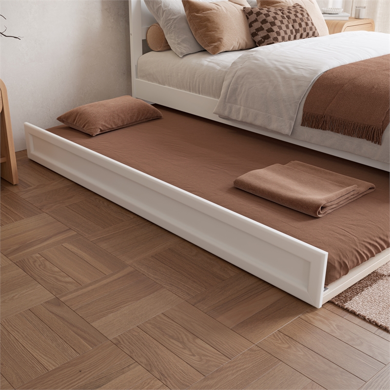 Pemberly Row Full Platform Bed with Footboard and Twin Trundle in White