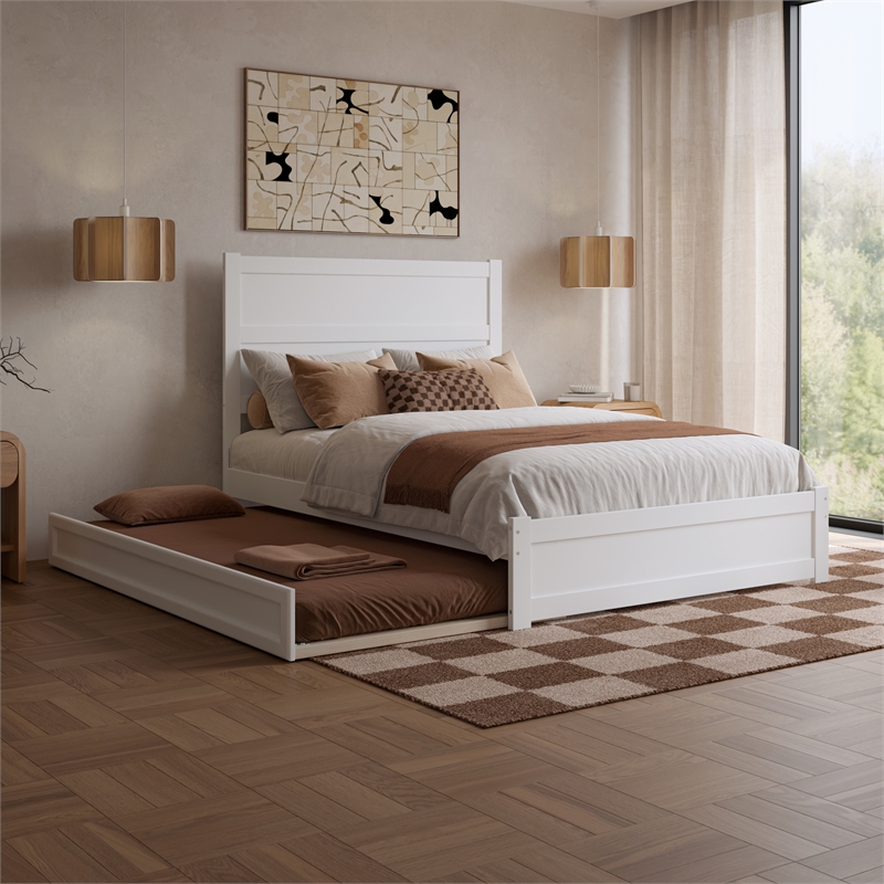 Pemberly Row Full Platform Bed with Footboard and Twin Trundle in White