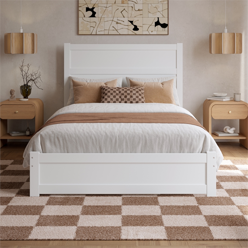 Pemberly Row Full Platform Bed with Footboard and Twin Trundle in White