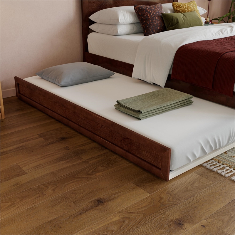 Pemberly Row Full Platform Bed with Footboard and Twin Trundle in Walnut