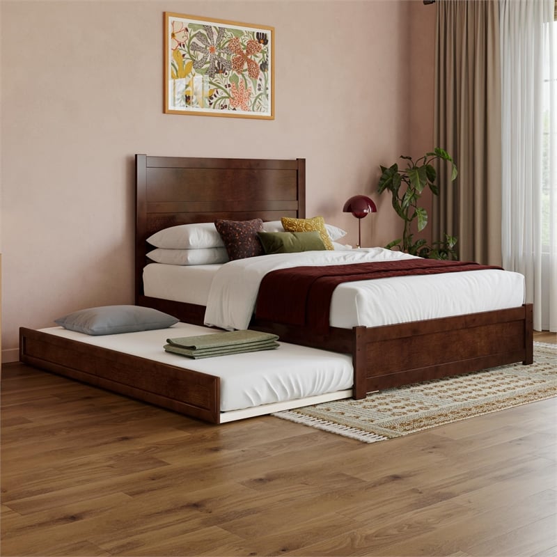 Pemberly Row Full Platform Bed with Footboard and Twin Trundle in Walnut