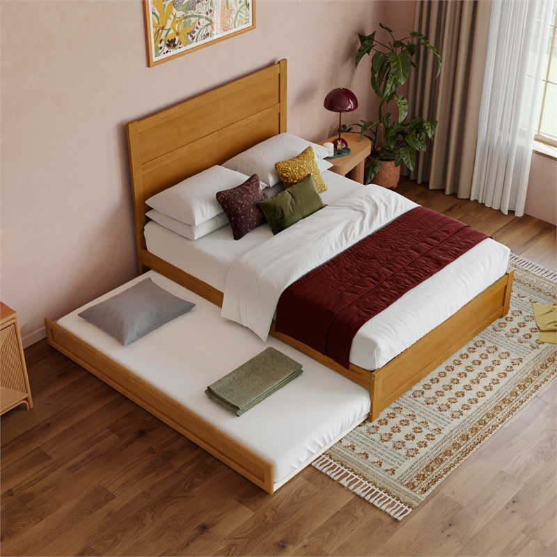 Pemberly Row Full Platform Bed with Footboard and Twin Trundle in Light Toffee