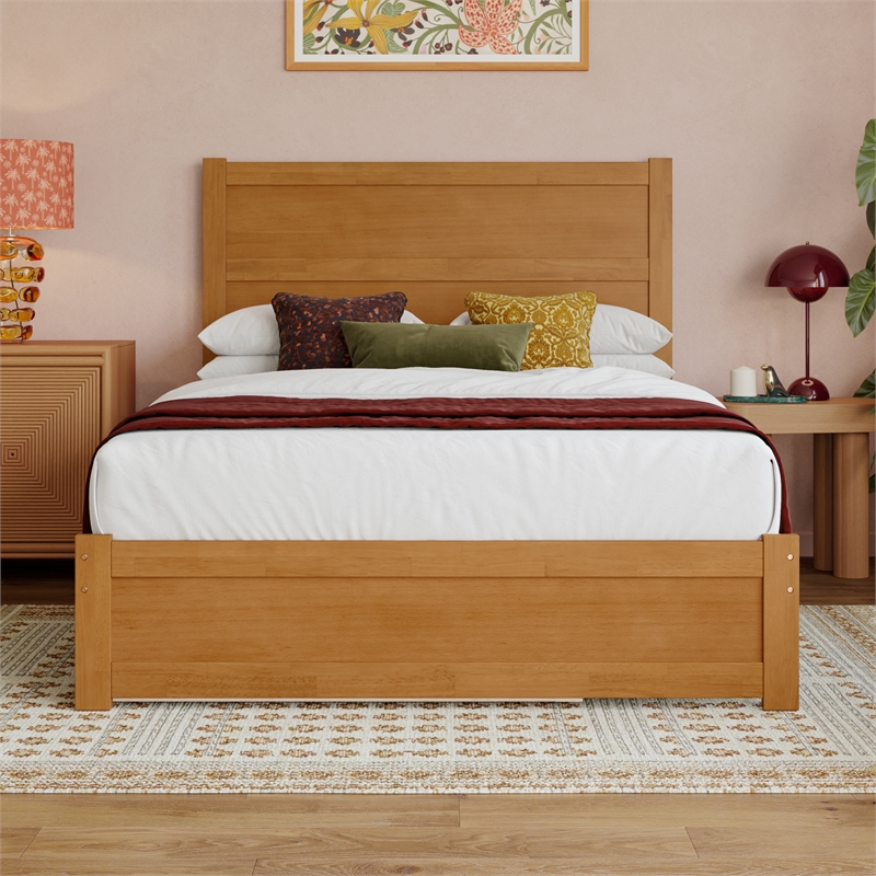 Pemberly Row Full Platform Bed with Footboard and Twin Trundle in Light Toffee