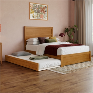 Pemberly Row Full Platform Bed with Footboard and Twin Trundle in Light Toffee