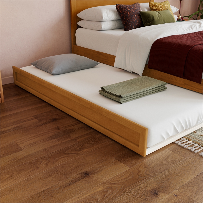 Pemberly Row Full Platform Bed with Footboard and Twin Trundle in Light Toffee