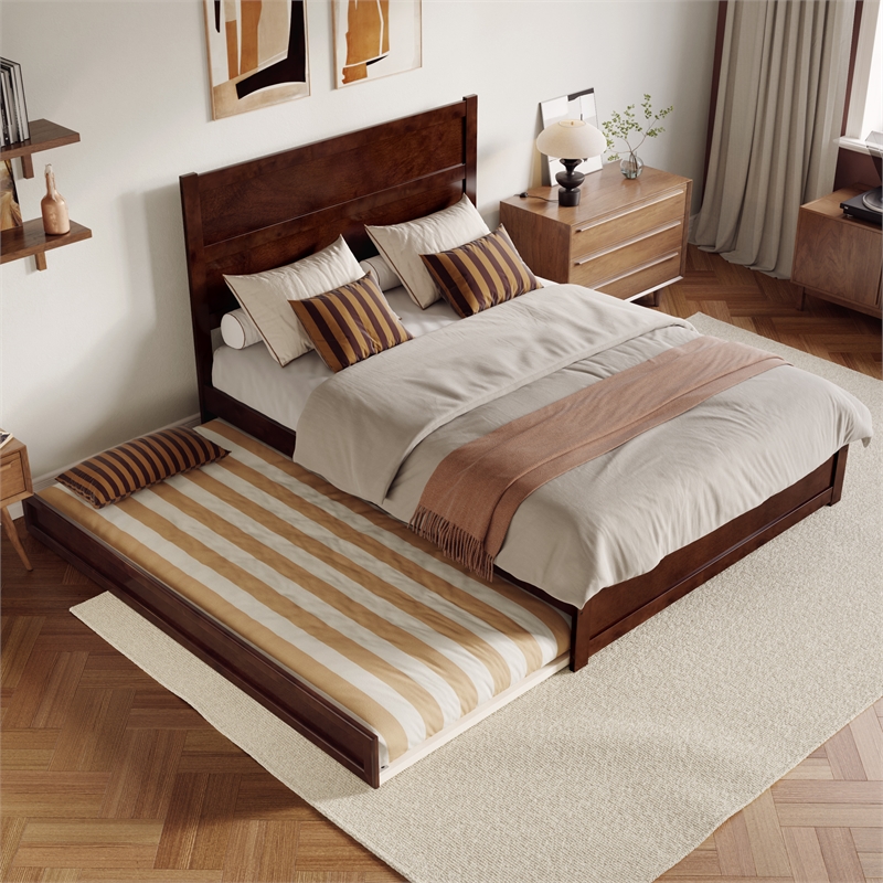 Pemberly Row Queen Platform Bed with Footboard and Twin XL Trundle in Walnut