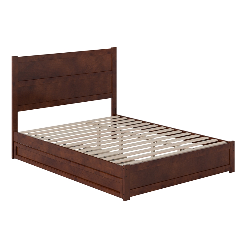 Pemberly Row Queen Platform Bed with Footboard and Twin XL Trundle in Walnut