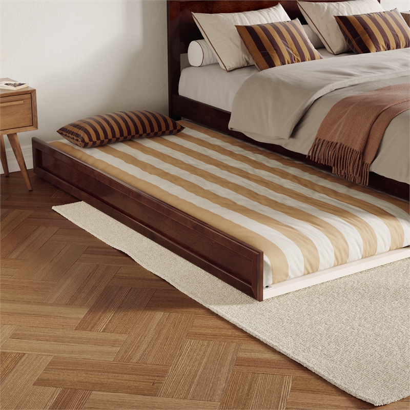 Pemberly Row Queen Platform Bed with Footboard and Twin XL Trundle in Walnut