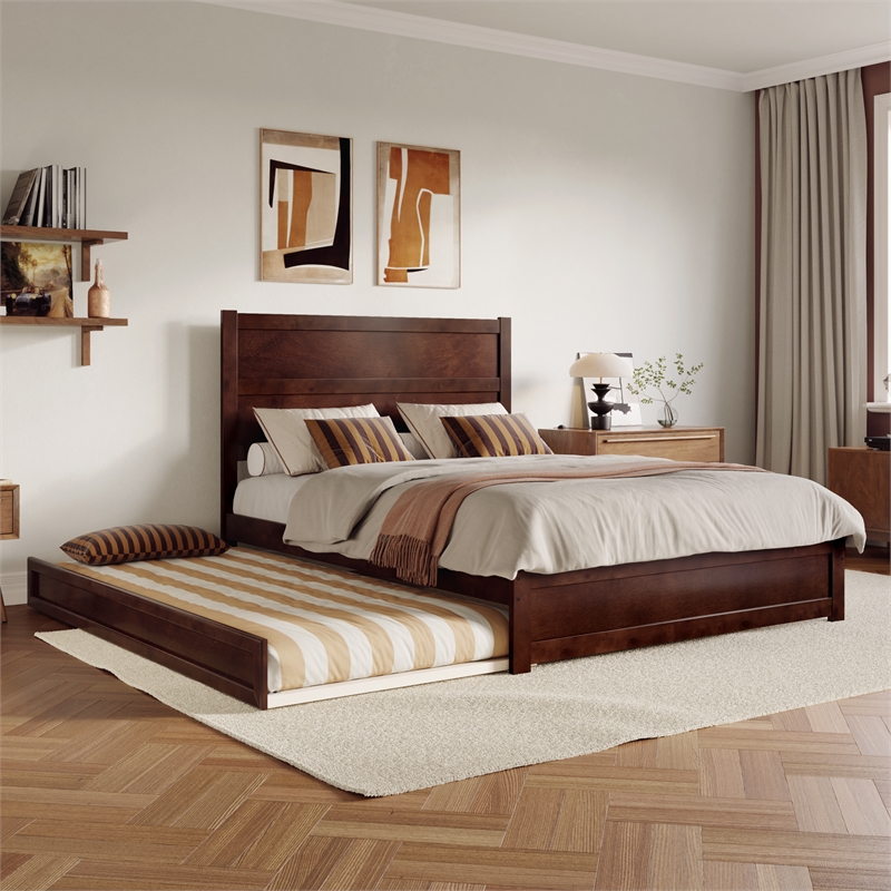 Pemberly Row Queen Platform Bed with Footboard and Twin XL Trundle in Walnut