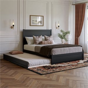 Pemberly Row Queen Platform Bed with Footboard and Twin XL Trundle in Black