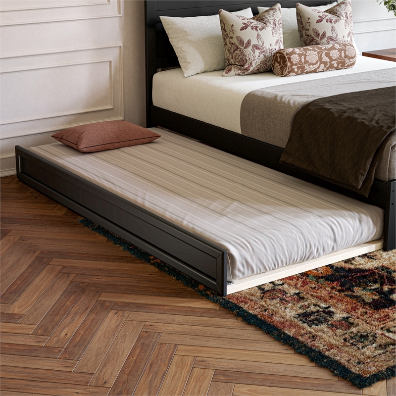 Pemberly Row Queen Platform Bed with Footboard and Twin XL Trundle in Black