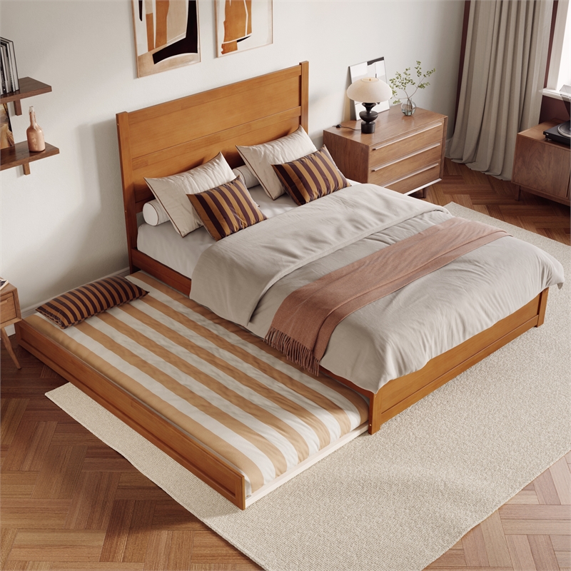 Pemberly Row Queen Platform Bed with Footboard & Twin XL Trundle in Light Toffee