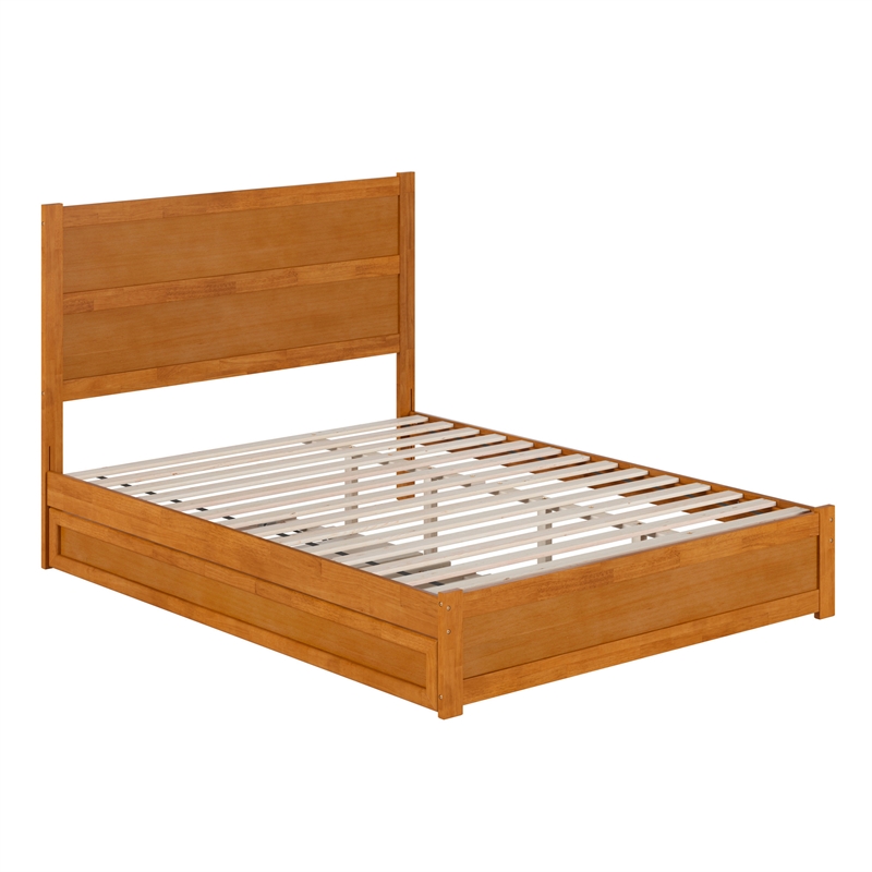 Pemberly Row Queen Platform Bed with Footboard & Twin XL Trundle in Light Toffee