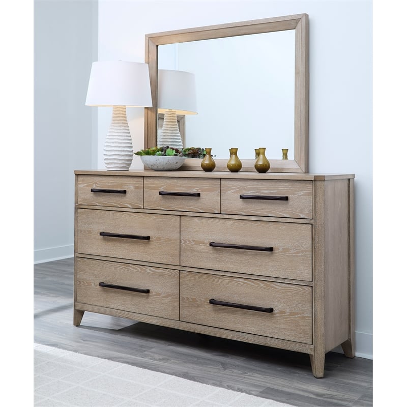Pemberly Row Queen Bed with Dresser and Mirror in Light Toffee