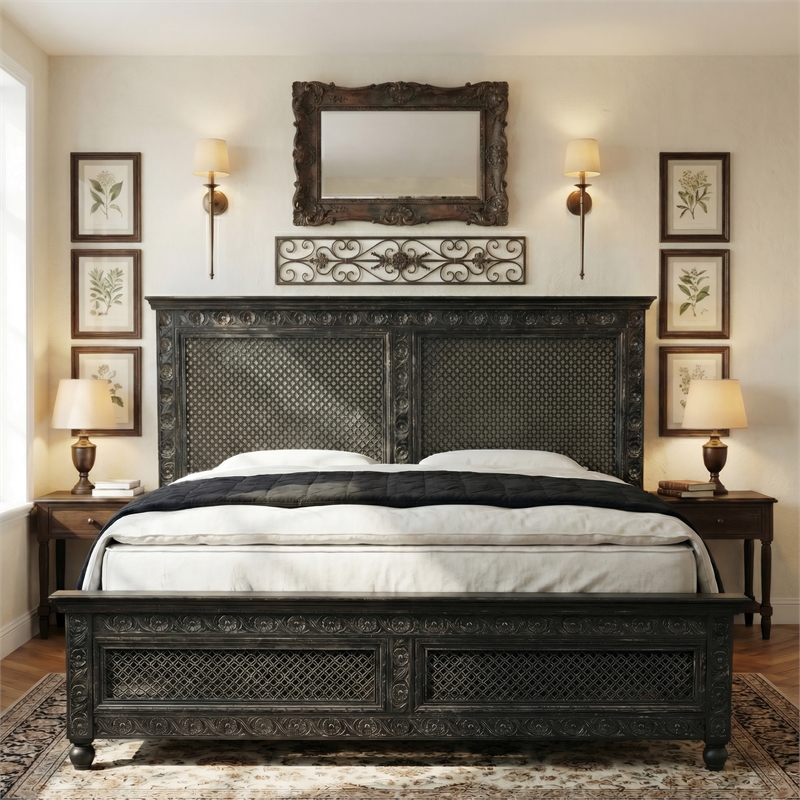 Pemberly Row Black Hand-Carved Solid Wood King Panel Bed with Floral Headboard