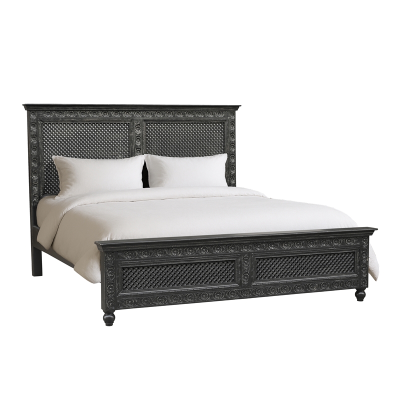 Pemberly Row Black Hand-Carved Solid Wood King Panel Bed with Floral Headboard