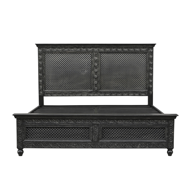 Pemberly Row Black Hand-Carved Solid Wood King Panel Bed with Floral Headboard