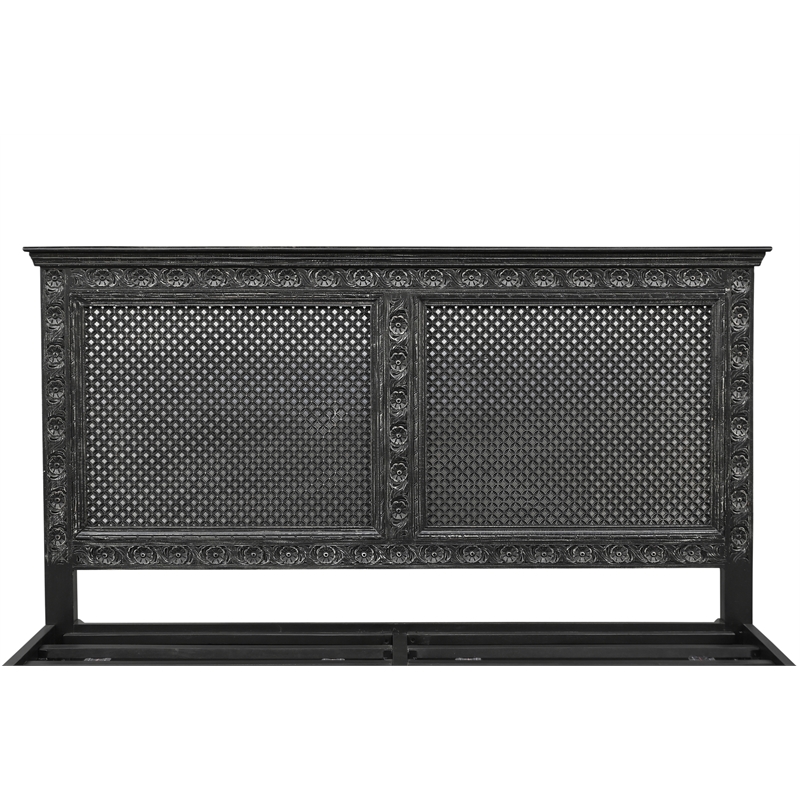 Pemberly Row Black Hand-Carved Solid Wood King Panel Bed with Floral Headboard