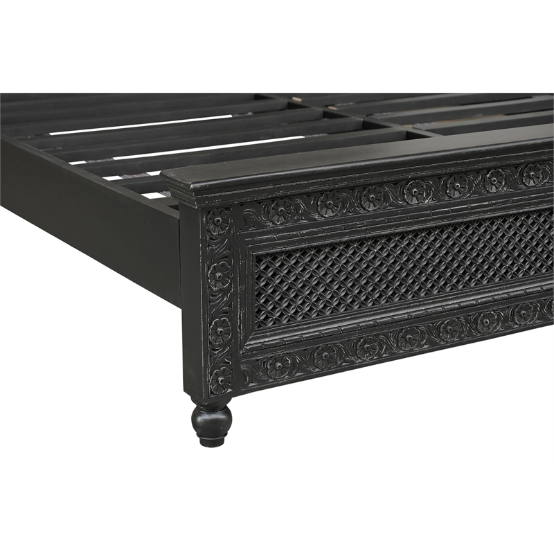 Pemberly Row Black Hand-Carved Solid Wood King Panel Bed with Floral Headboard