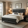Pemberly Row Black Hand-Carved Solid Wood King Panel Bed with Floral Headboard