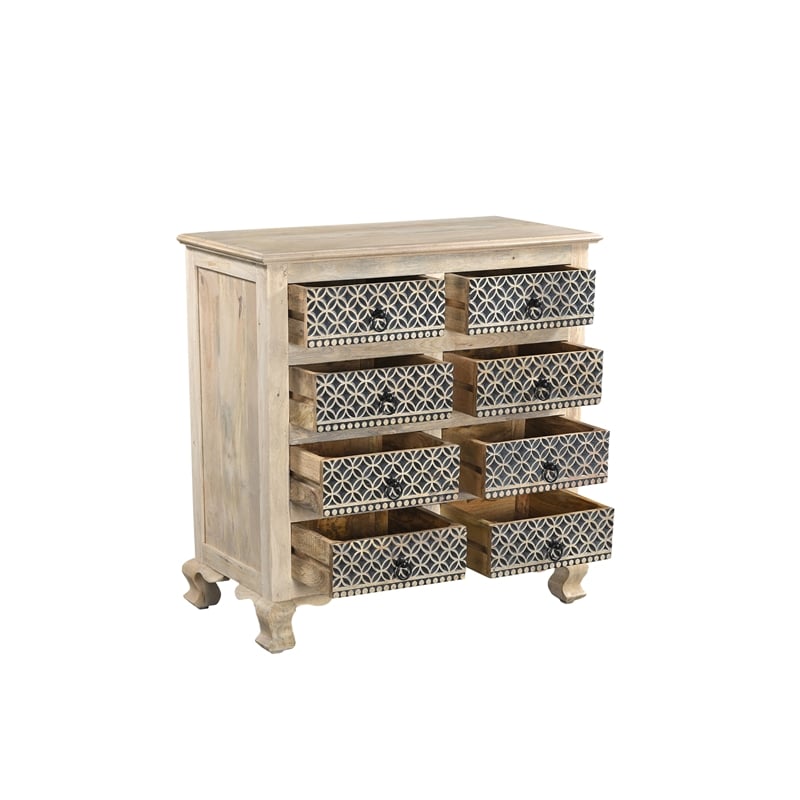 Pemberly Row White and Black Solid Wood 8 Drawer Chest with Carved Drawers