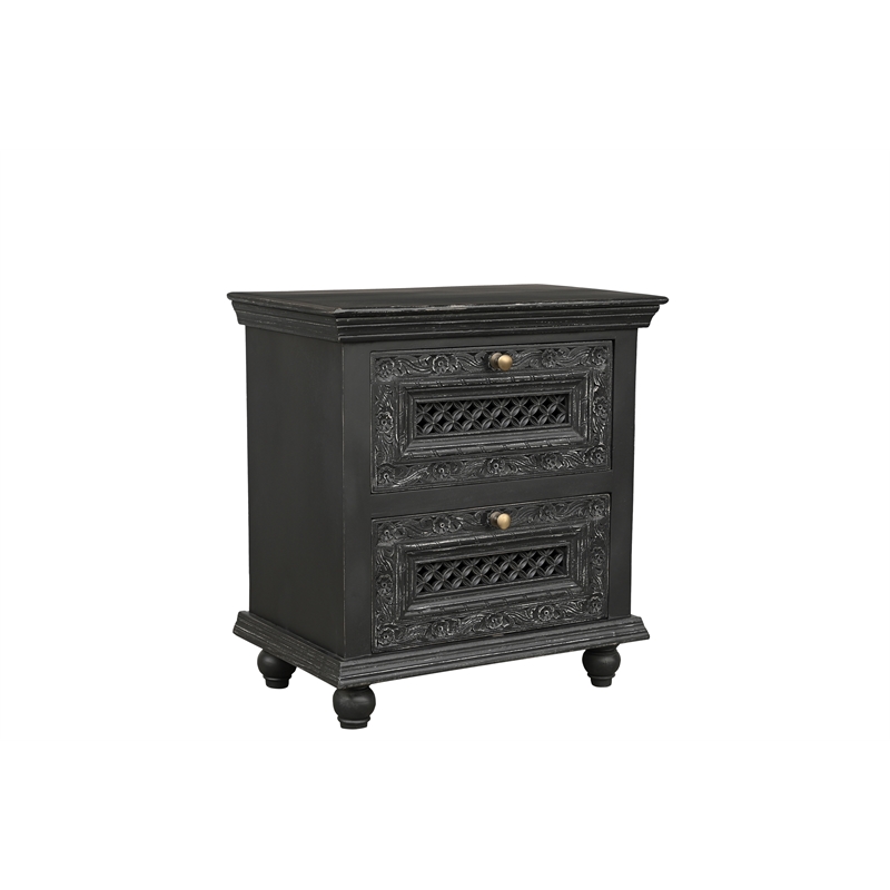 Pemberly Row Black Solid Wood 2 Drawer Nightstand with Floral Drawer Fronts